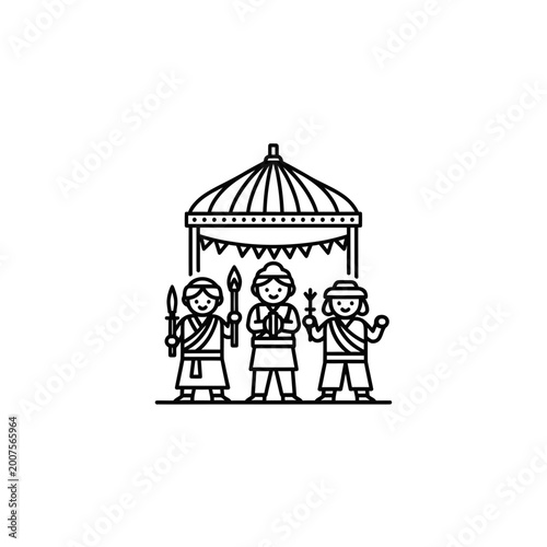 People in traditional clothing standing by ornate pavilion vector