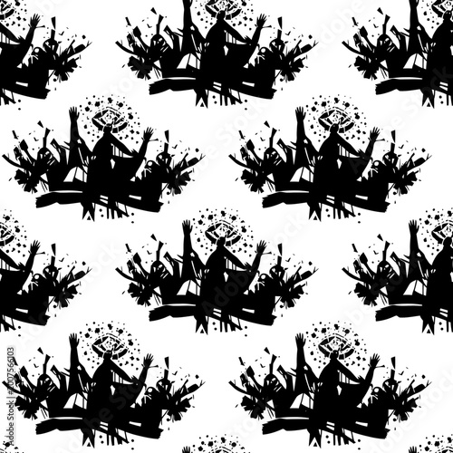 Black and white graphic seamless pattern of people in a crowd