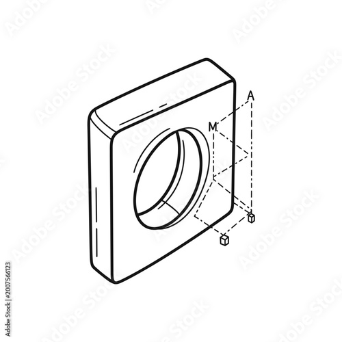 Isometric mechanical part technical line drawing with annotations