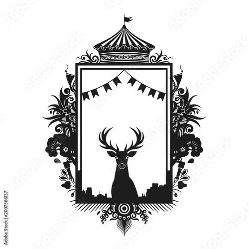 Ornate Frame Illustration with Deer Silhouette and Circus Elements