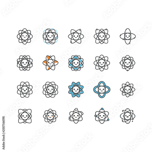 Set of Cute Smiling Atom Icons for Science and Education