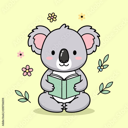 Cute Kawaii Koala Bear Reading a Book, Vector Illustration of an Adorable Animal Character with Floral Background Elements