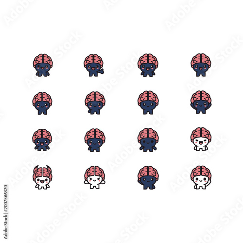 Cute cartoon brain mascot character set with various emotions