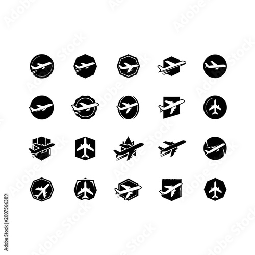 Collection of black aviation badges and plane icons on white background