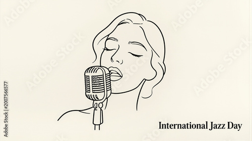 Woman with closed eyes performing while singing into a classic microphone, celebrating international jazz day in a stylish outlined illustration style