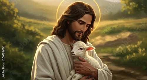 Sacred Embrace: A depiction of a serene figure tenderly cradling a lamb, emanating compassion and serenity. The radiant aura around the figure conveys divinity and love.