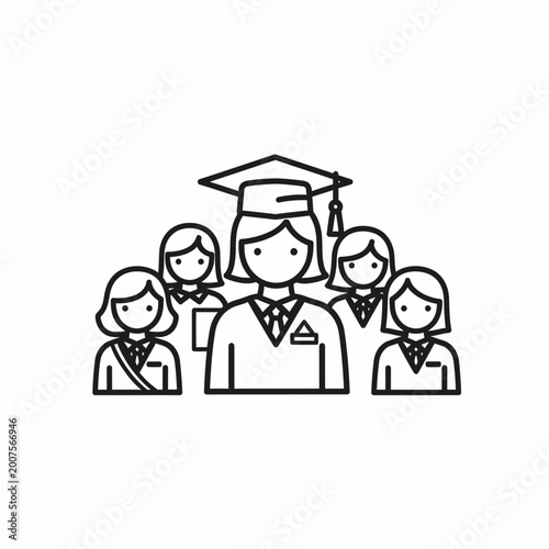 Female students with graduate in mortarboard line illustration