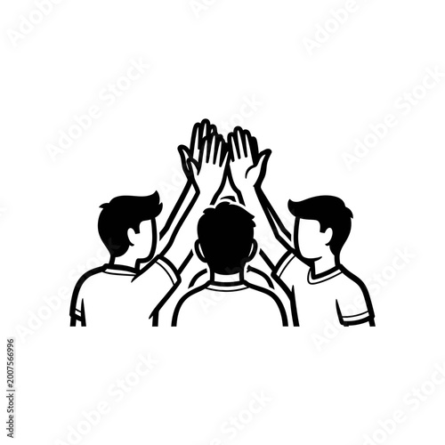 Vector illustration of three friends giving a group high five