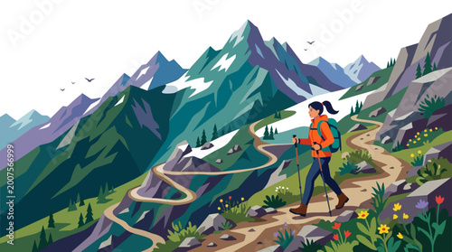 Bild auf Leinwand Person hiking on mountain trail path.