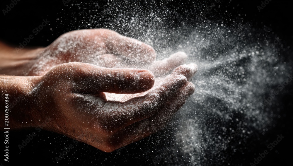 Fototapeta premium Close-up of Hands Releasing Fine White Powder Against Dark Background.
