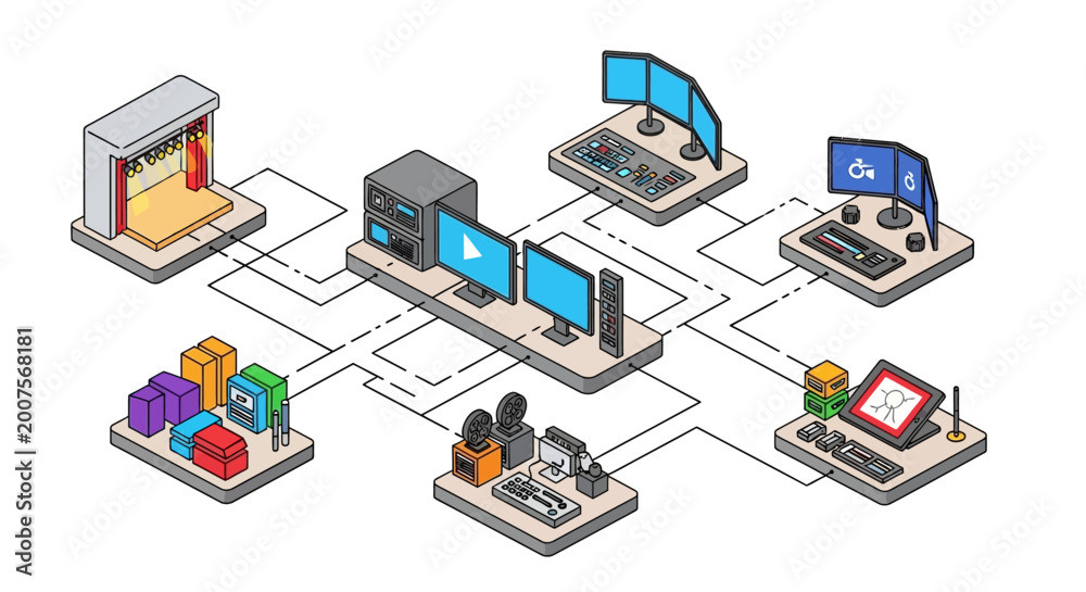 Fototapeta premium Illustration of interconnected media production and broadcasting equipment