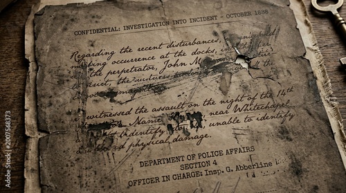 Old vintage document with handwritten text and stains, aged paper texture, historical manuscript close up, antique letter on wooden table, retro archive concept, history and heritage