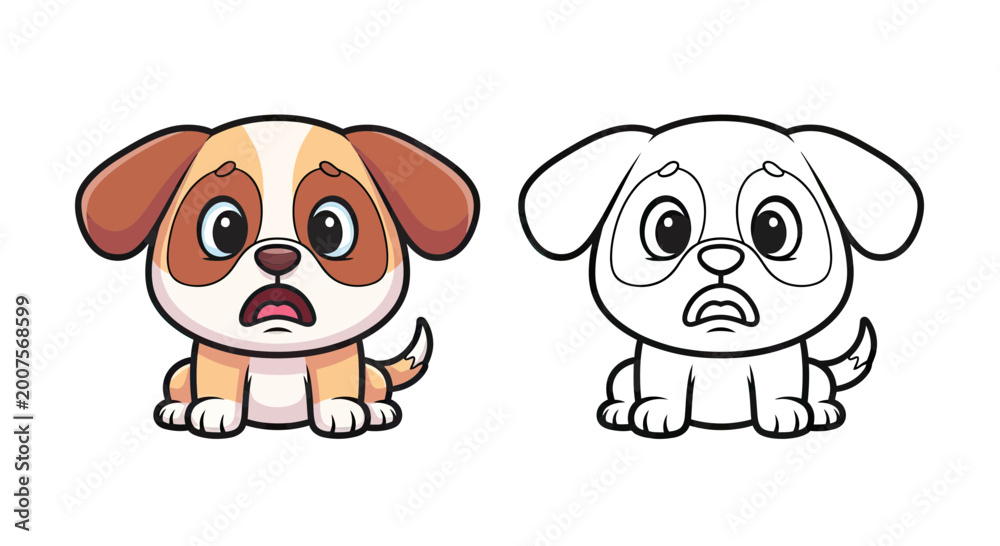 Obraz premium Cute Cartoon Puppy Character with Sad Expression, Color and Line Art Vector Illustration for Kids Coloring Book