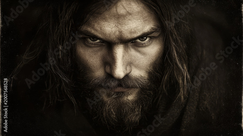Intense portrait of a man with long hair and a beard in dramatic lighting