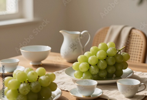 Fresh green grapes on table