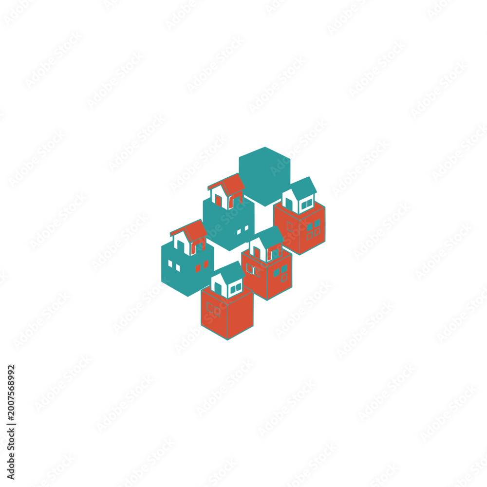 Fototapeta premium Isometric vector illustration of houses on geometric 3D blocks