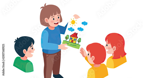 Cheerful young girl showing a colorful house drawing to her classmates in a preschool or kindergarten setting