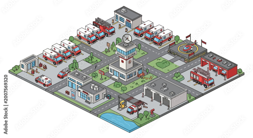 Obraz premium Isometric view of a city emergency services base with ambulances and fire trucks