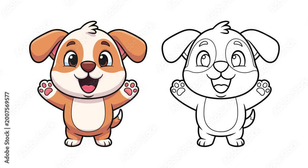 Fototapeta premium Cute Cartoon Puppy Dog Character Illustration Set with Line Art for Coloring Book Page