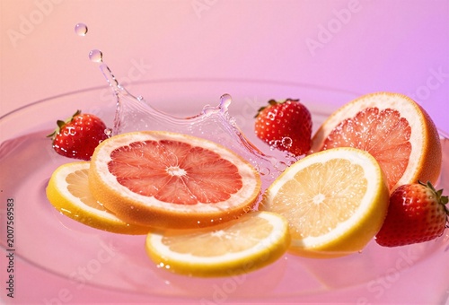 Citrus slices and strawberries splashing in water