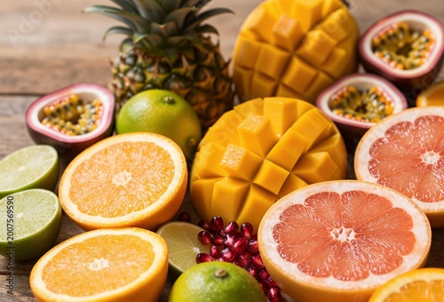 Assortment of fresh tropical and citrus fruits on wood