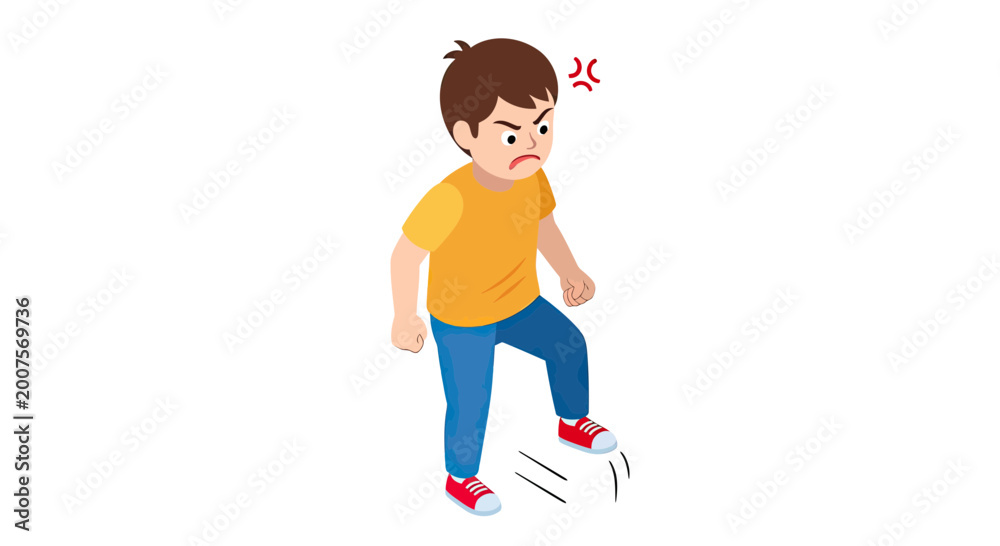 Fototapeta premium Angry Little Boy Stomping His Foot in Frustration and Temper Tantrum Vector Illustration