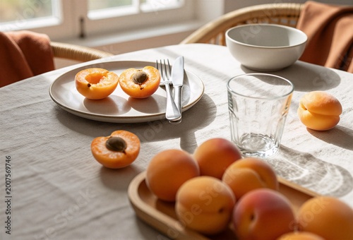 Fresh apricots on a sunny breakfast table