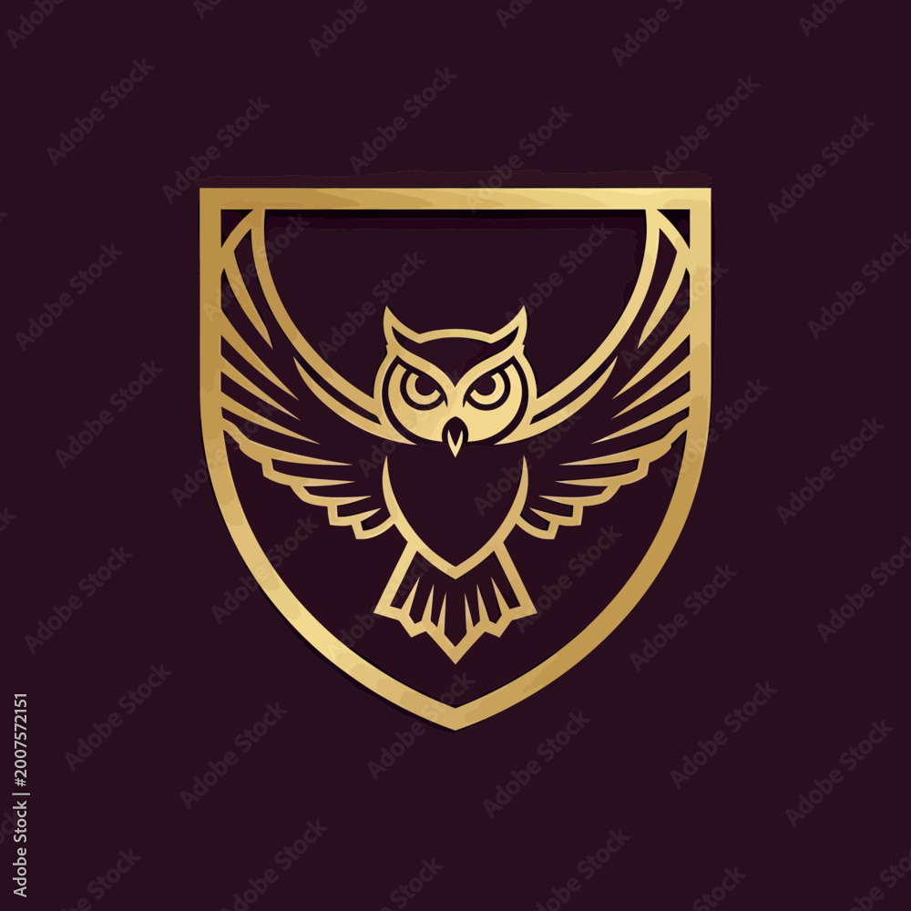 Fototapeta premium Golden Owl Crest Logo Design, Majestic Wise Bird Emblem in Shield for Security, Education, and Luxury Brand Identity
