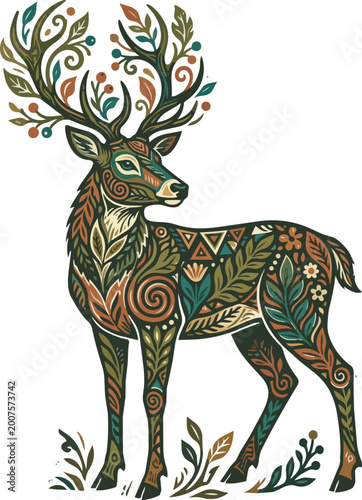 Mystical Forest Deer with Botanical Ornament Illustration