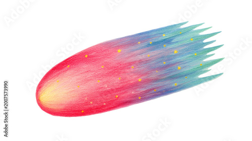 Colored pencil style illustration of a flying comet.