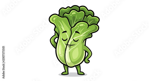 Cute Chinese Cabbage Cartoon Character Thinking and Smiling, Vector Illustration of a Fresh Napa Cabbage Mascot Isolated on White Background