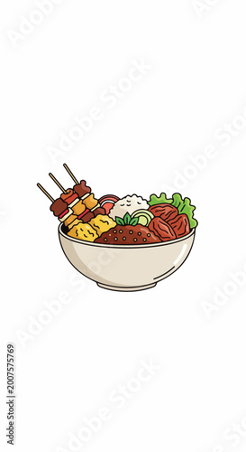 Bowl of Skewers with Vegetables and Meat.
