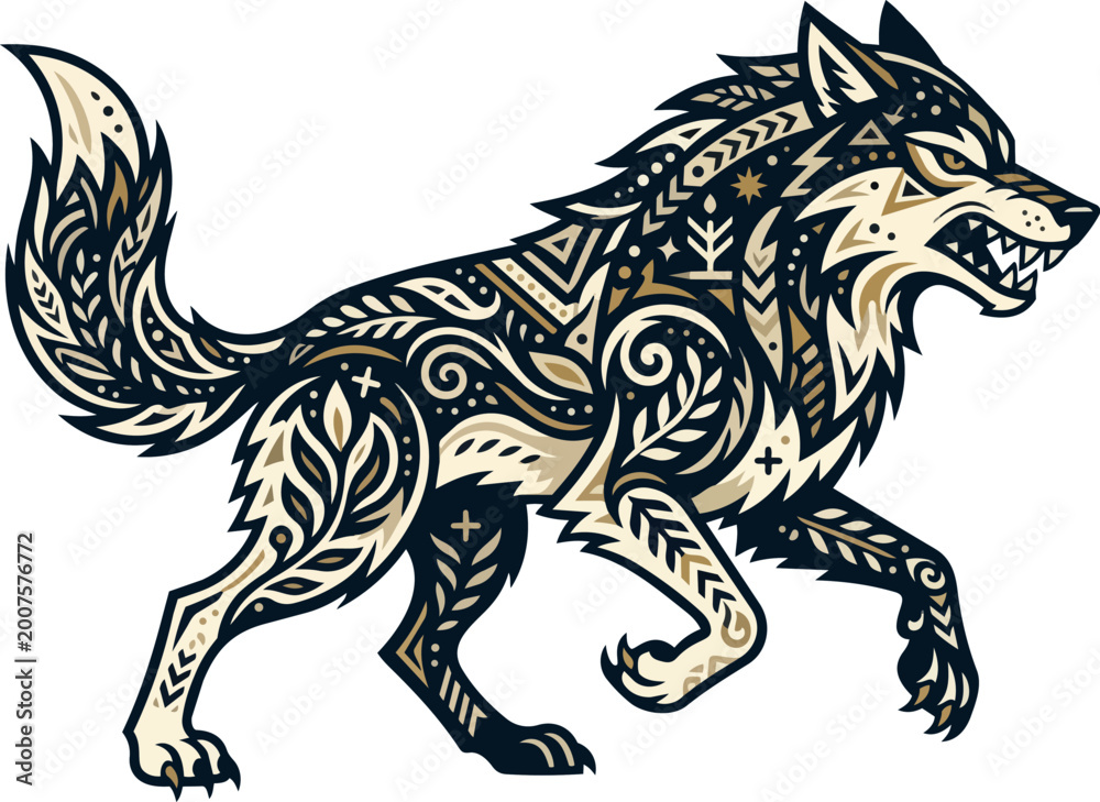 Fototapeta premium Mystical Folk Art Wolf Illustration with Botanical Patterns