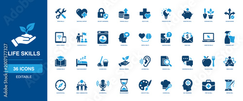 Life Skills Solid Icon Set featuring repair emotional, security awareness, financial health care, problem solving budgeting, gardening digital literacy, leadership profile mindset, act.