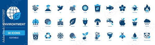 Tableau sur toile Environtment Solid Icon Set featuring coral reef volcanic, eruption bird solar, energy eco gear, trash bin fish flower, flood warning forest, fire trees global, green leaf lightning