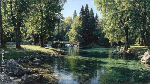Sunlight illuminates a tranquil, clear water body surrounded by lush green forest vegetation.