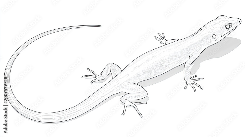 Obraz premium Outline drawing of a slender reptile with a very long tail casts a subtle shadow.