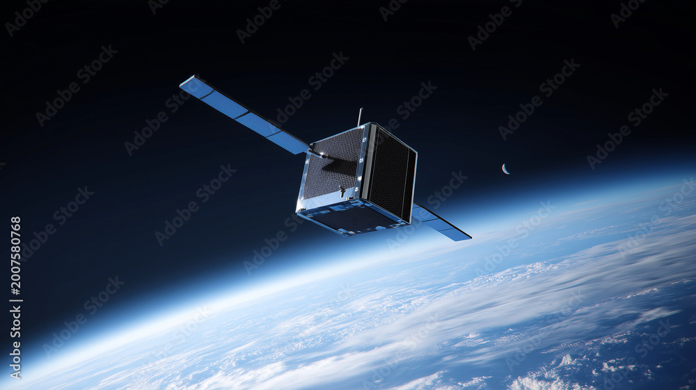 Fototapeta premium Cube satellite orbiting above Earth with solar panels, realistic space technology scene, small spacecraft, remote sensing, global communication and cinematic blue planet background