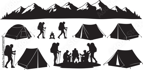 Obraz na płótnie Camping and Outdoor Hiking Adventure Silhouette Set