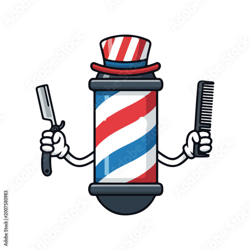 Cartoon Barber Pole Character with Top Hat Razor and Comb
