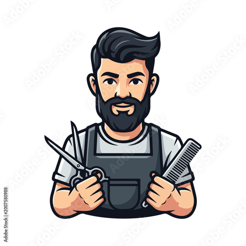 Professional Bearded Barber Mascot Holding Scissors and Comb Vector