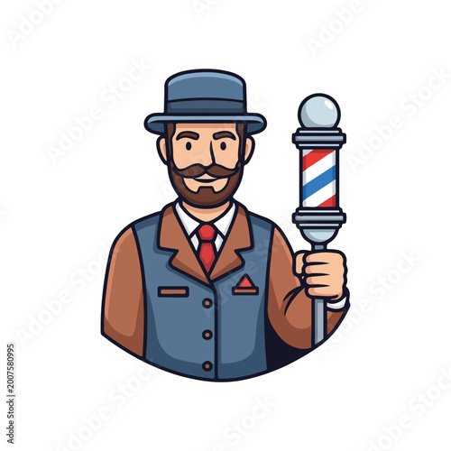 Professional Vintage Barber Mascot Illustration with Barber Pole