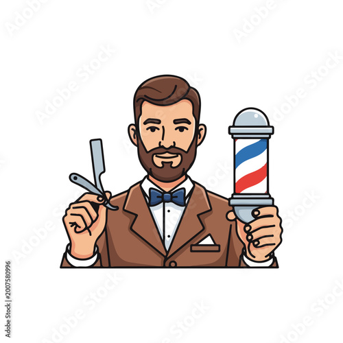 Barber Professional with Straight Razor and Barber Pole Illustration