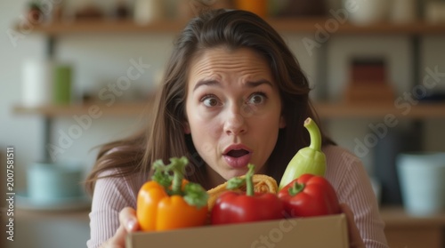 April Fools Day food prank donut box vegetables surprised woman humor celebration funny disappointment reaction indoor closeup moment 
