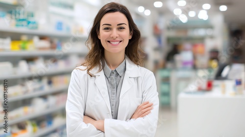 A confident pharmacist stands in a modern pharmacy, smiling with arms crossed