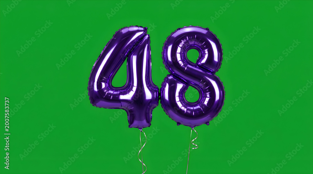 Fototapeta premium Shiny purple number 48 balloons floating against a vibrant green background, perfect for celebrations.