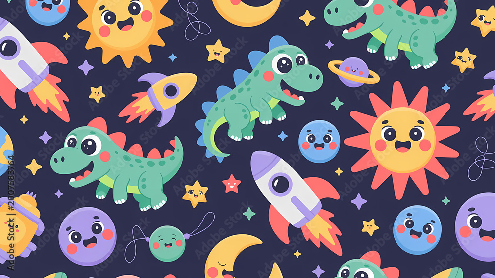 Naklejka premium A cute seamless pattern illustration featuring adorable cartoon dinosaurs floating through a dark bl