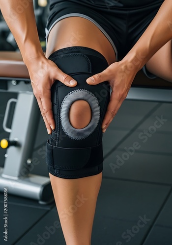 Person adjusting knee brace black gray