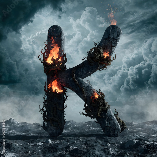 view of 3d letter k with apocalyptic vegetation on