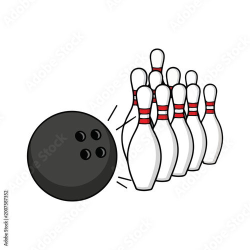 Bowling Ball and White Pins with Red Stripes Vector Illustration